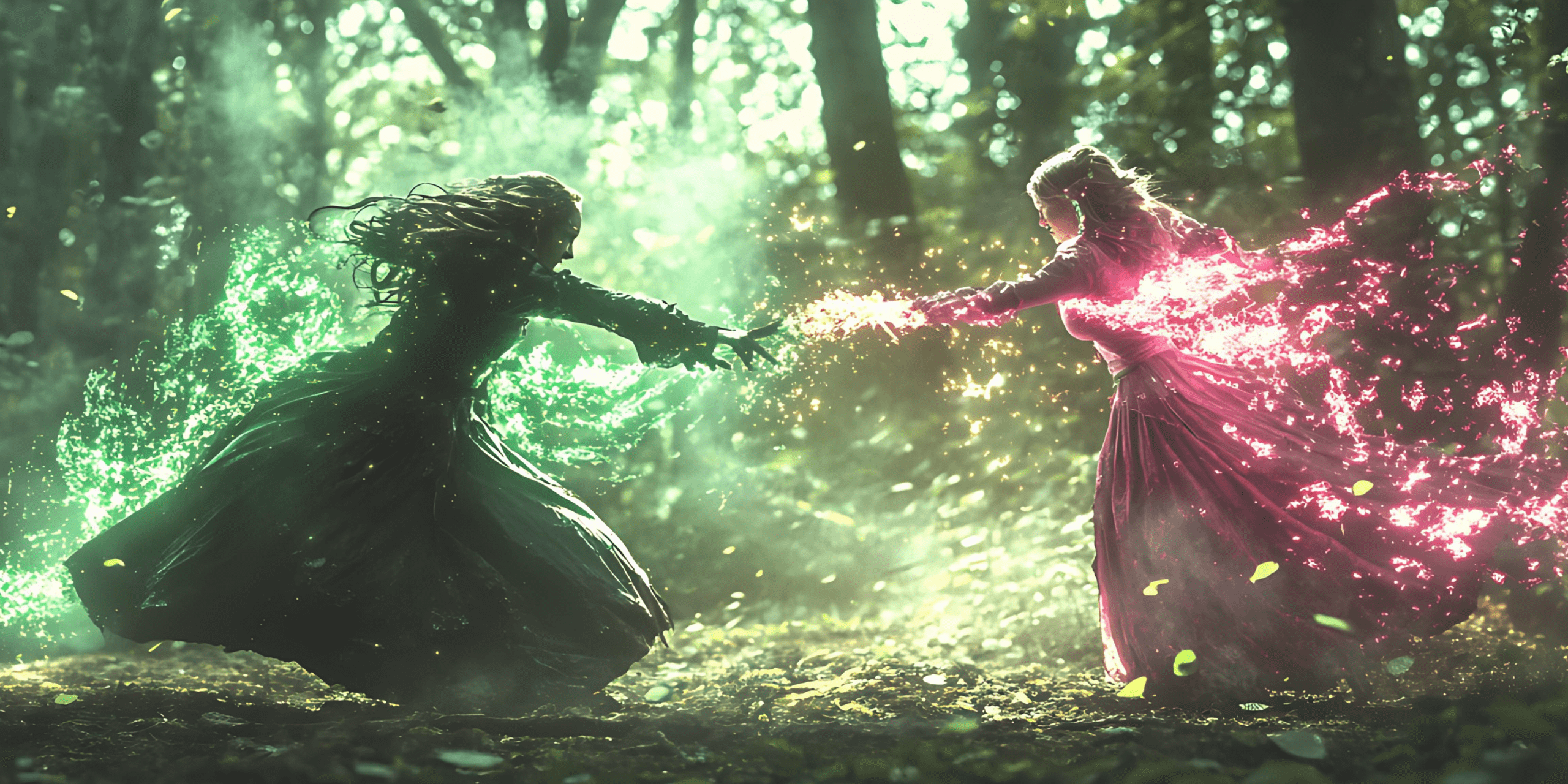 Wicked Witch of the West fighting against the Wicked Witch of the South. Elphaba fighting against Glinda in a battle of magic