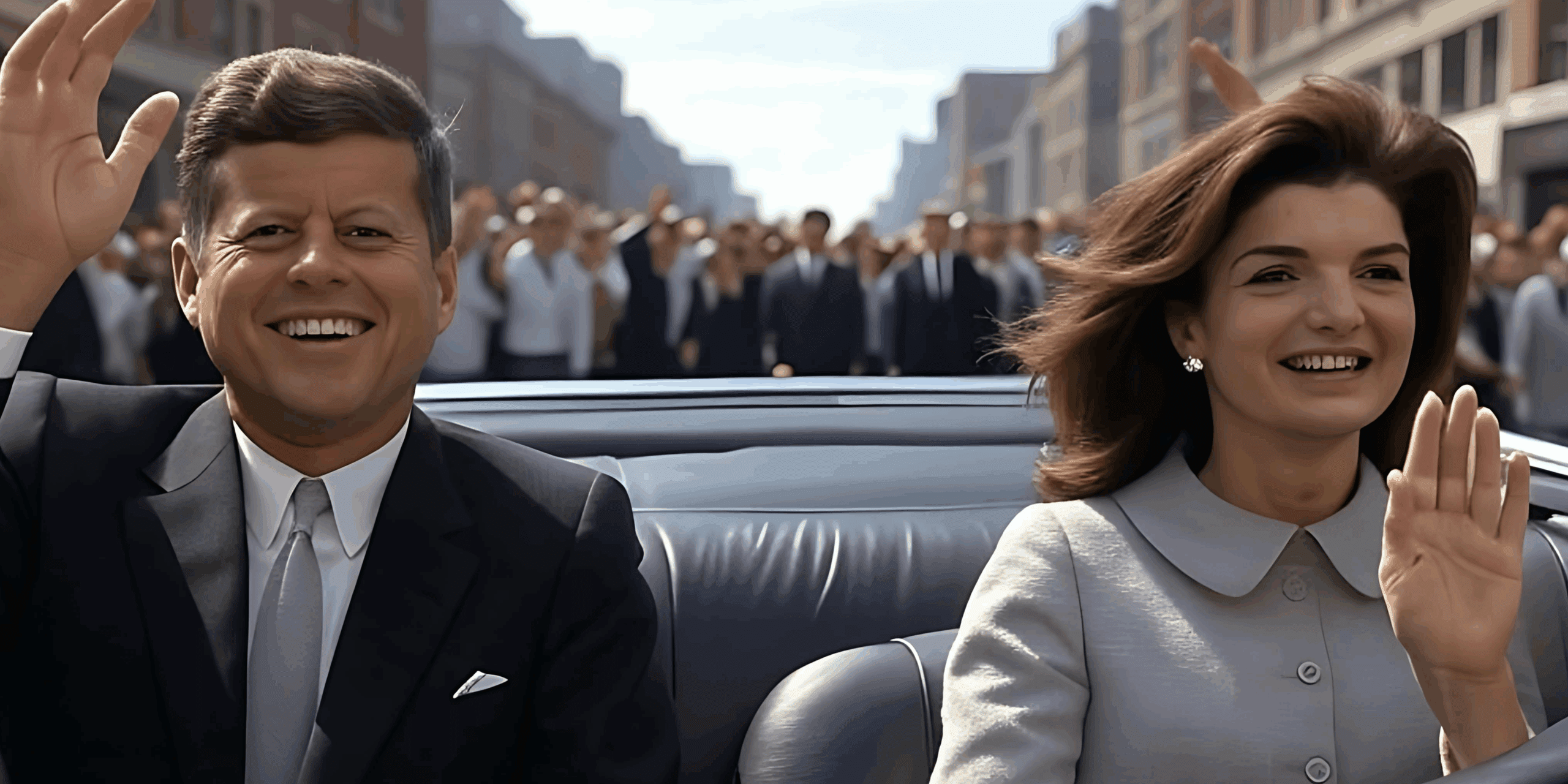 President John F. Kennedy and Jackie Kennedy riding in a convertible together