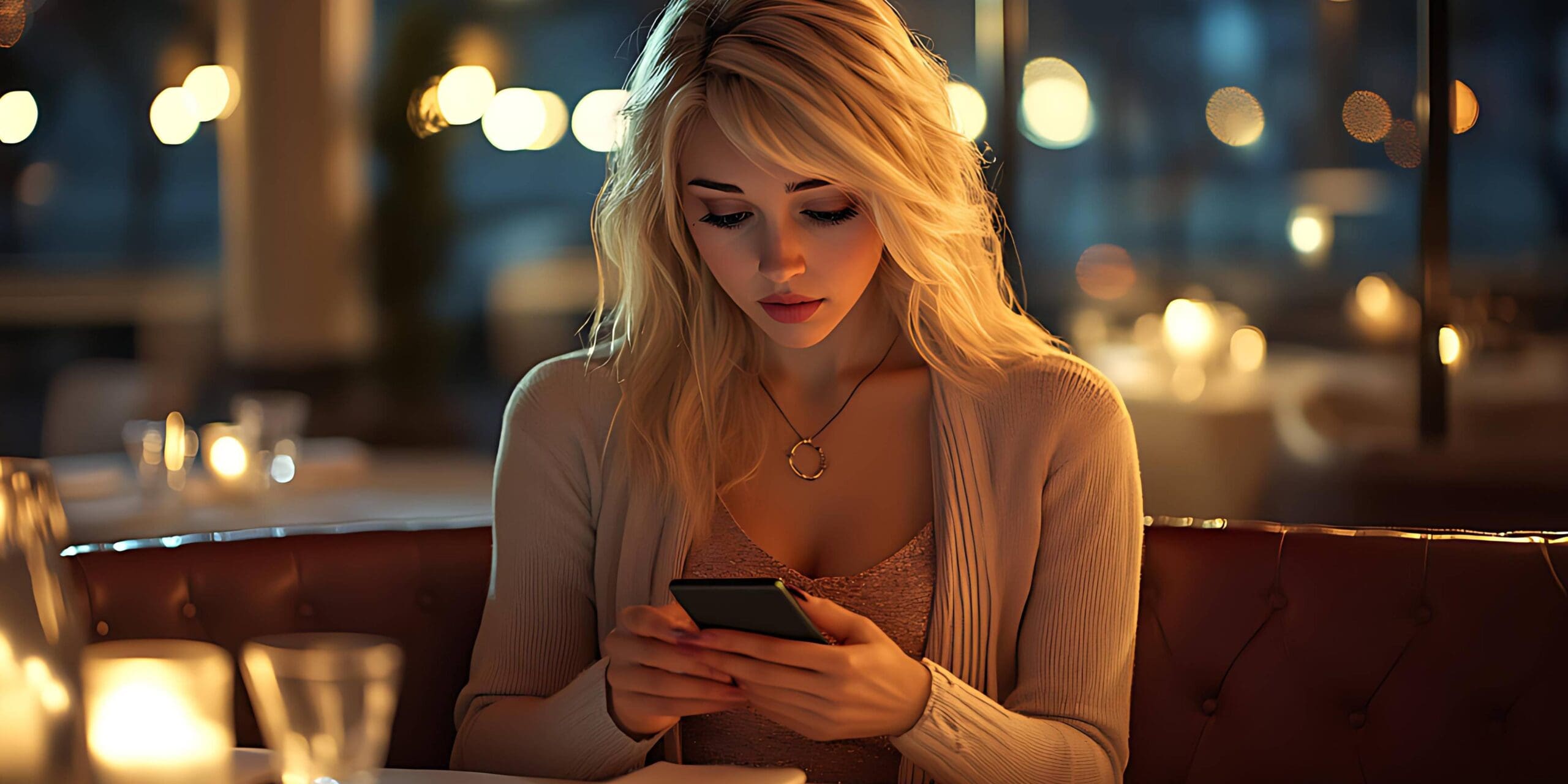 Worried blonde woman on her phone in a fancy restaurant