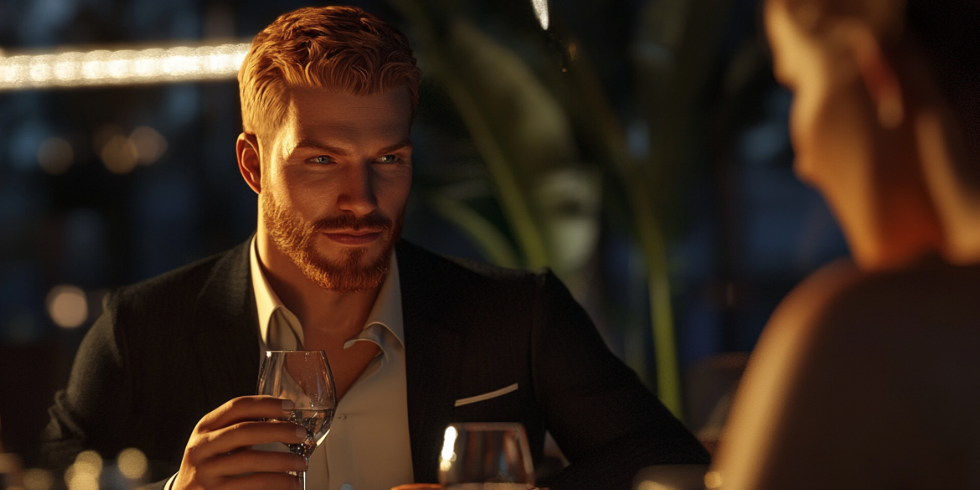 Handsome man at dinner in a luxurious restaurant carefully studying the women he's eating dinner with